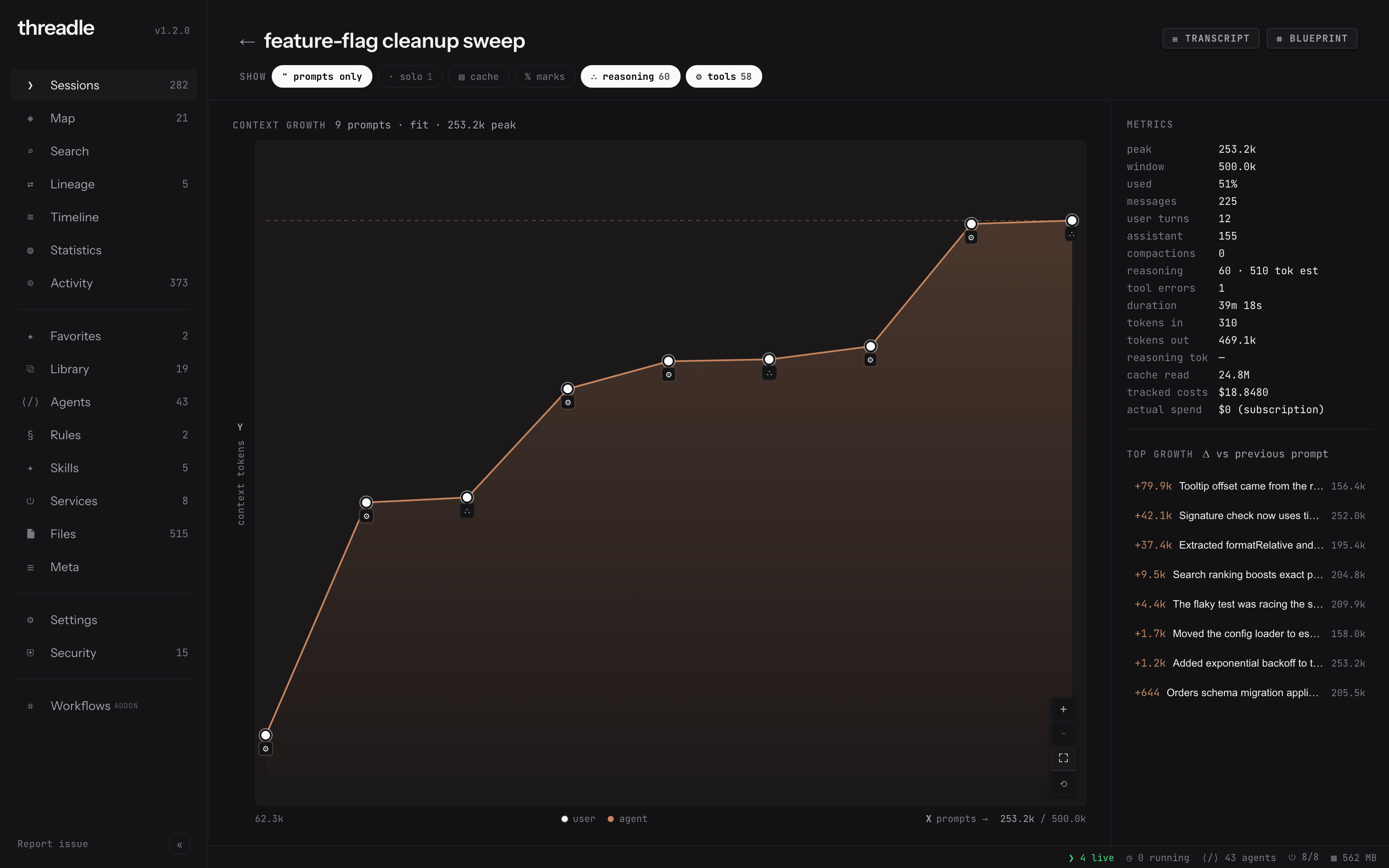 Session context growth chart with prompts and top growth list