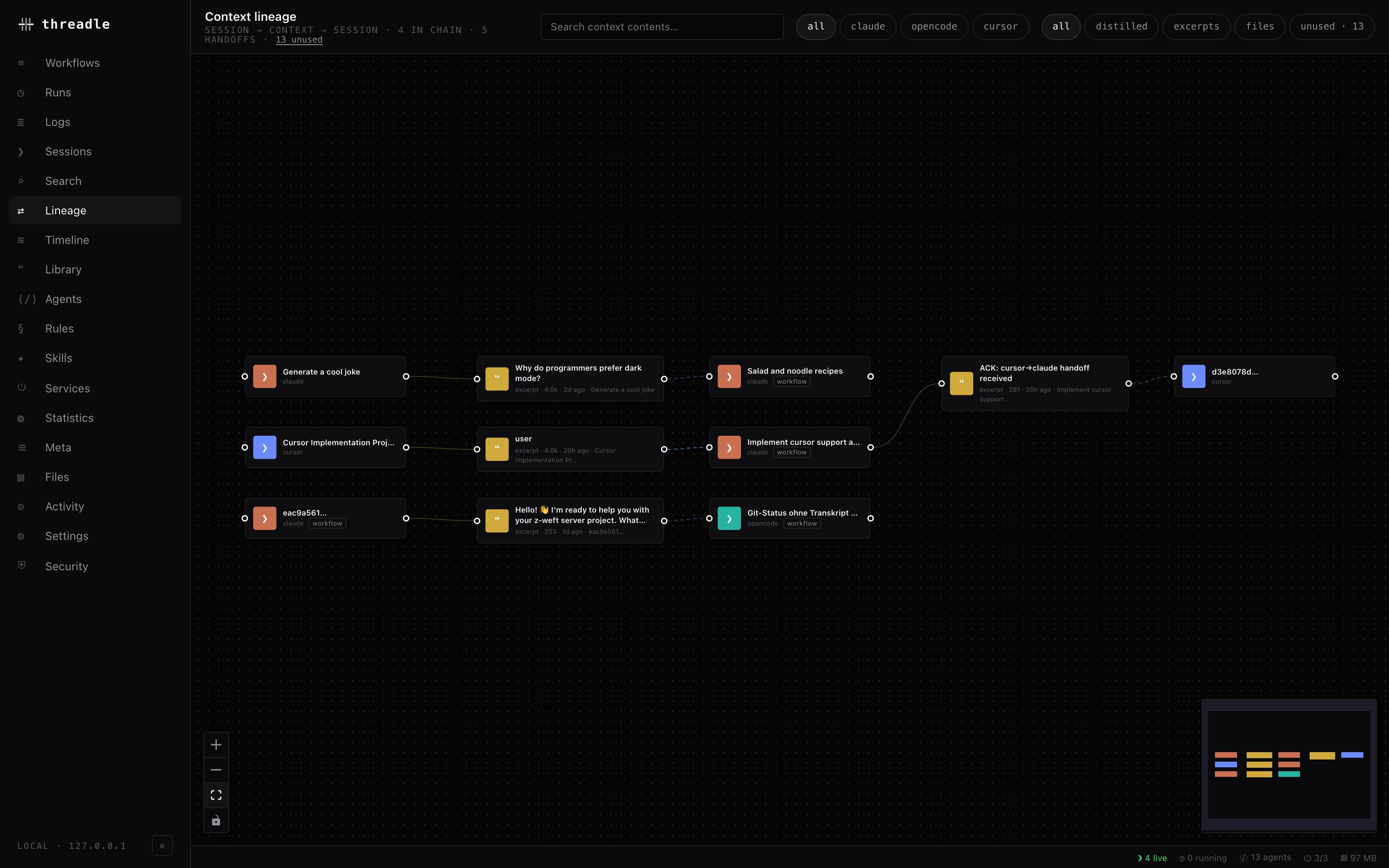 The Lineage view showing session and payload nodes wired together