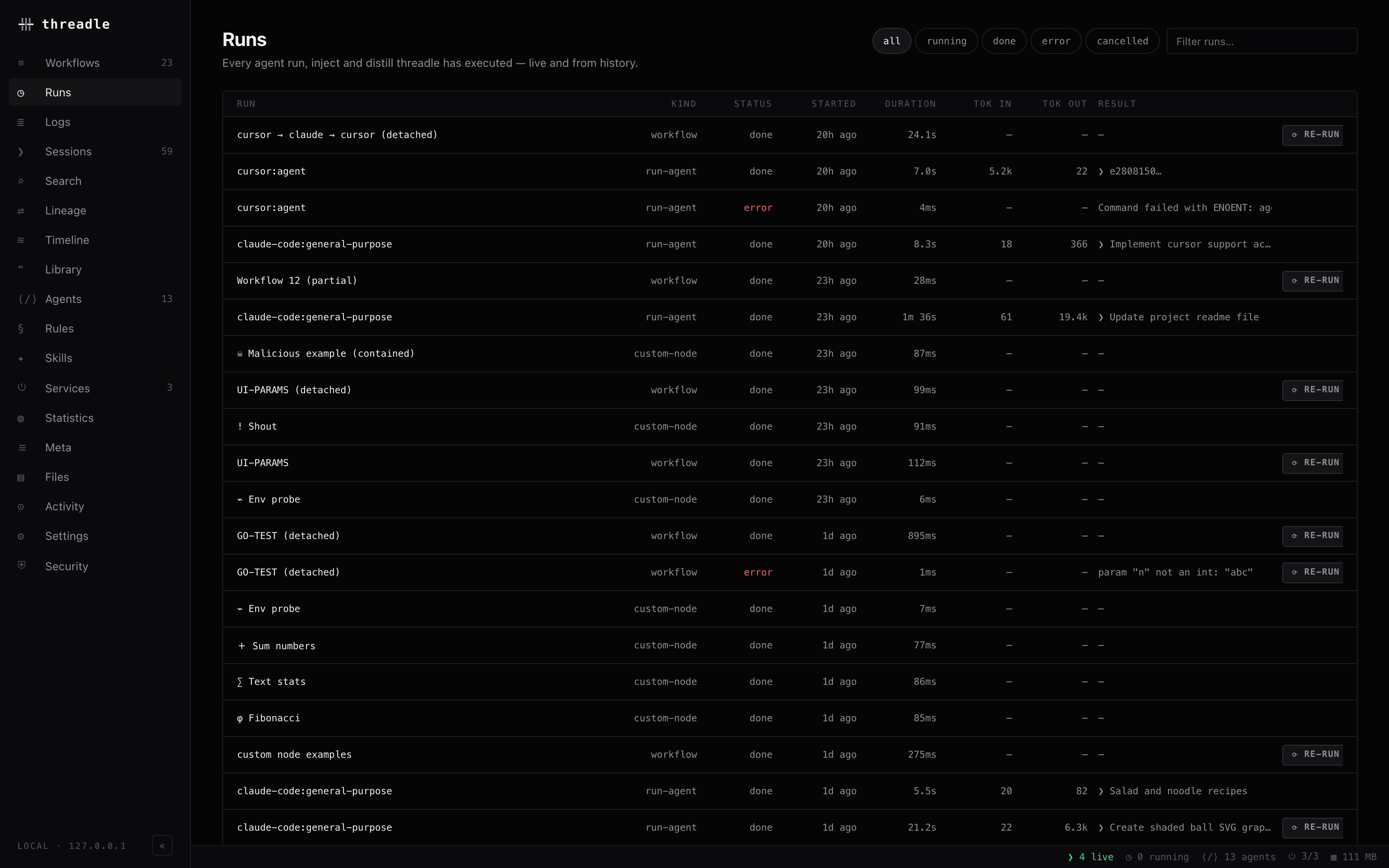 The Runs view listing every executed run